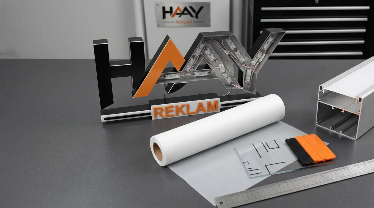 Tabela üretiminde kullanılan alüminyum, pleksi, folyo ve LED modül örnekleri