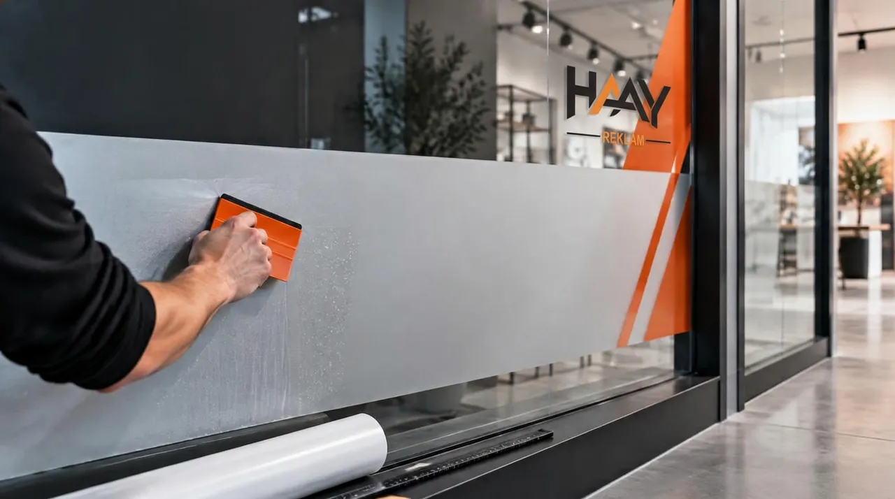 HAAY logolu vitrine buzlu folyo uygulanması