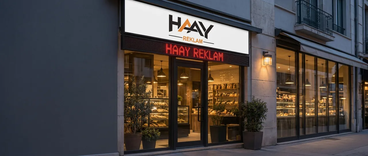 HAAY Reklam logolu cephe ve kırmızı kayan yazı LED tabela örnek tasarımı
